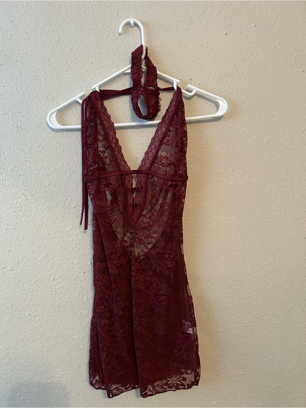 Sheer Lace Backless Strappy Halter Chemise in Deep Burgundy with Lace Choker